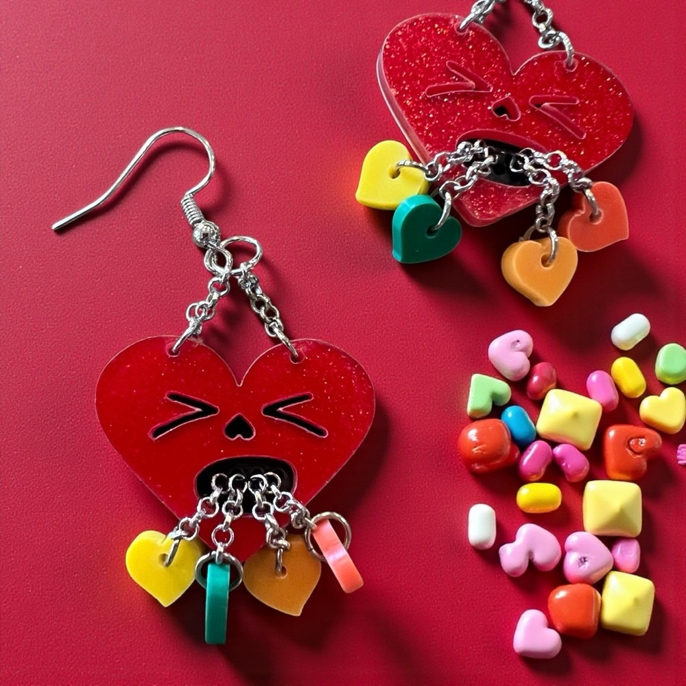 Red Heart Earrings Vomiting Heart Colorful Confetti Charms